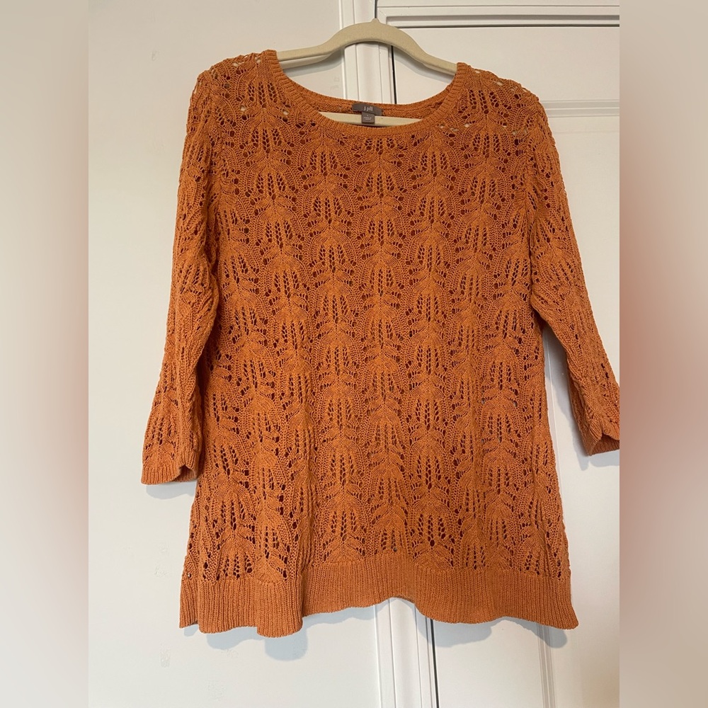 J Jill Open Knit Sweater Women L 3/4 Sleeve Crochet Lagenlook Cottagecore
